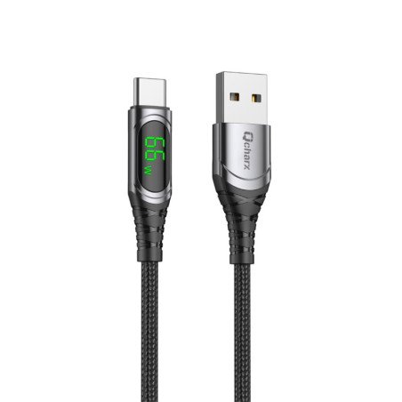 Cable qcharx menorca usb a tipo c 3a 66w - 1 m - aleacion aluminio negro cable suave digital display
