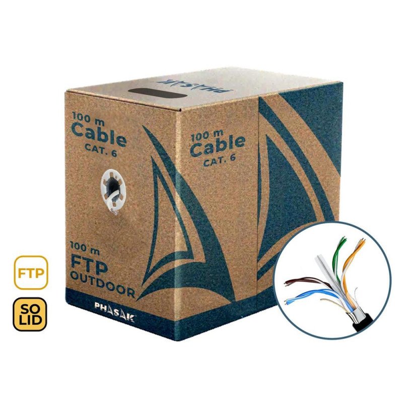 Bobina de cable de red exterior cca solido en caja ftp cat. 6 100 metros phr 671