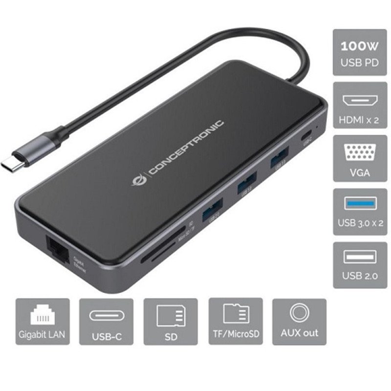 Adaptador conceptronic usb tipo c a gigabit ethernet rj45 - hdmi - vga - con hub usb 3 puertos - usb tipo c - lector de tarjetas