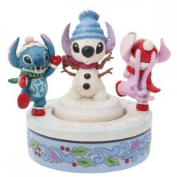 Figura decorativa enesco disney stitch y angel con muneco de nieve rotativo
