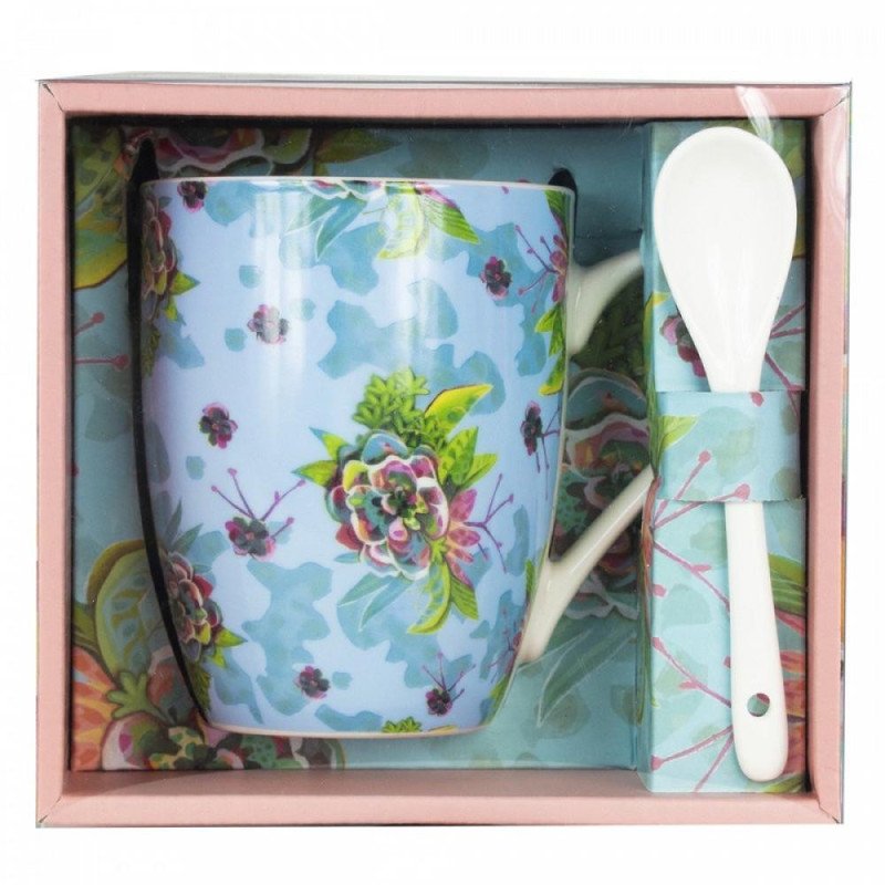 Taza de ceramica con cuchara enesco flores