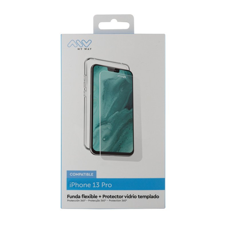 Carcasa myway para apple iphone 13 pro transparente + protector pantalla cristal templado